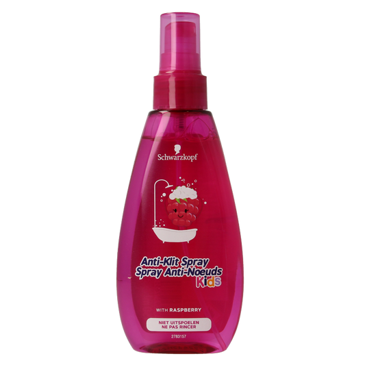 Schwarzkopf Kids anti-klit spray 150ml for detangling and hair care, featuring a colorful children's hair product bottle.