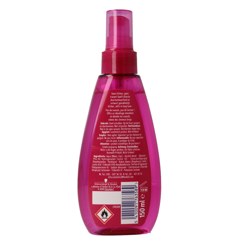 Schwarzkopf Kids anti-klit spray in 150ml bottle, gentle hair detangler for children, with colorful packaging and child-friendly design.