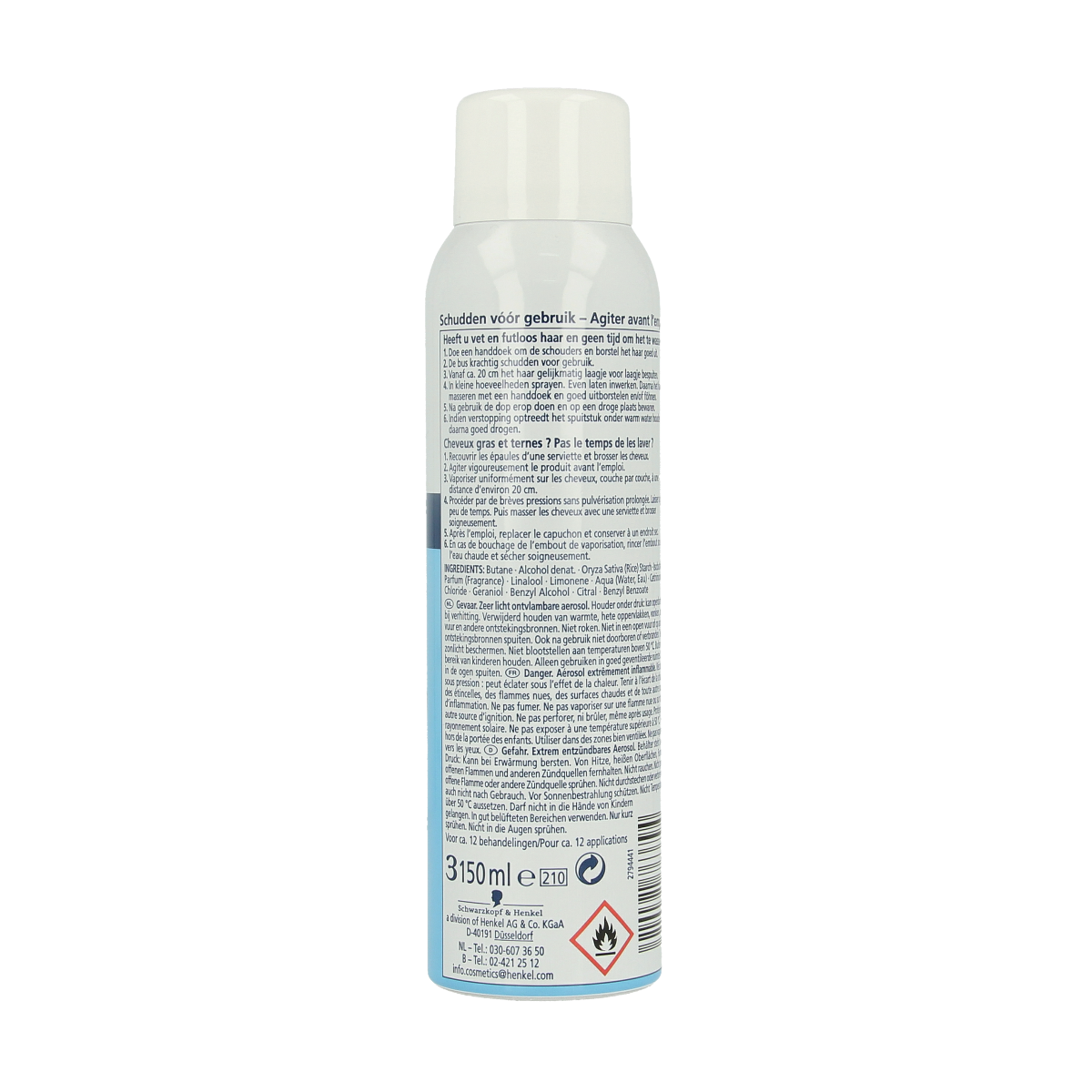 Schwarzkopf Droogshampoo Fresh 150ml bottle, hair care product with a sleek blue and white design, standing upright.