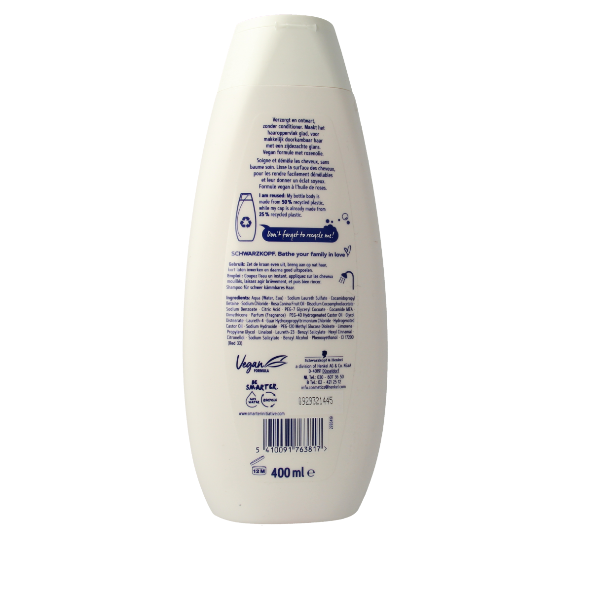 Schwarzkopf Zijde Doorkammer Shampoo 400ml for smooth, shiny hair, featuring a white bottle with black and gold accents.