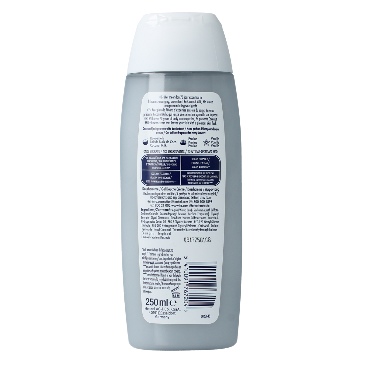FA Shower coconut milk body wash in a 250ml bottle, featuring a creamy coconut scent and smooth texture for daily cleansing.