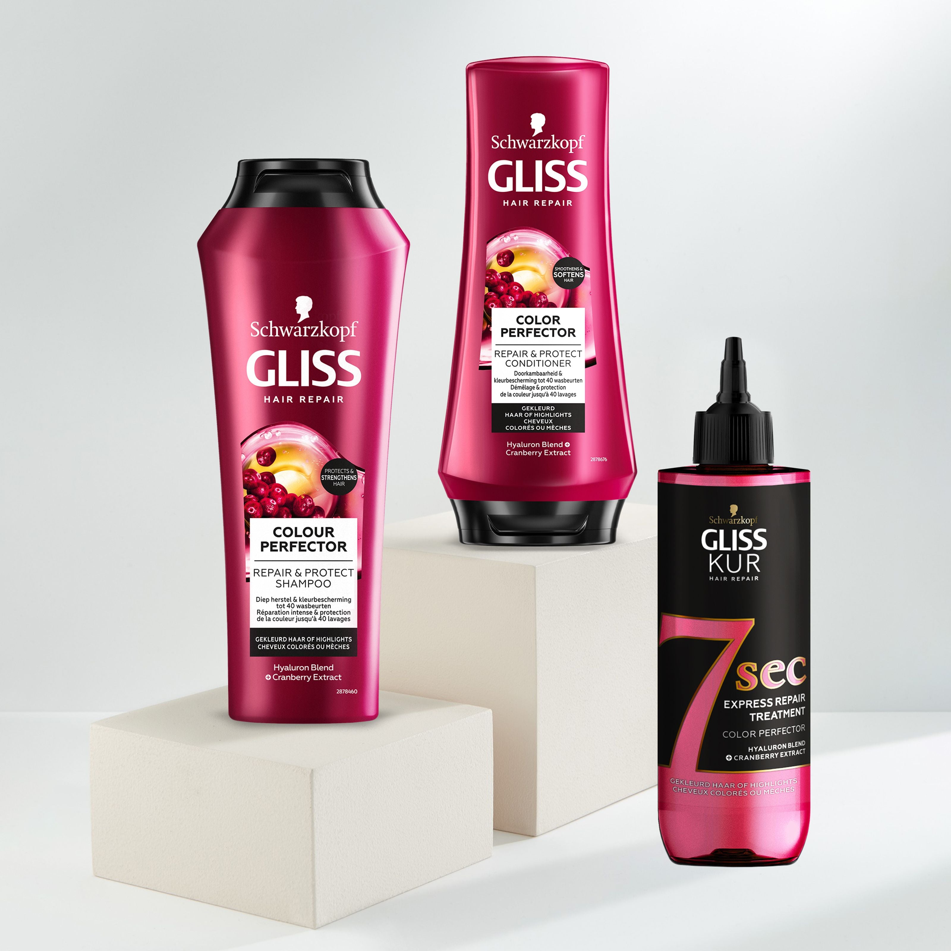 Gliss Kur colour perfector shampoo bottle, 250ml, for hair care and color protection, with a sleek design and vibrant label.