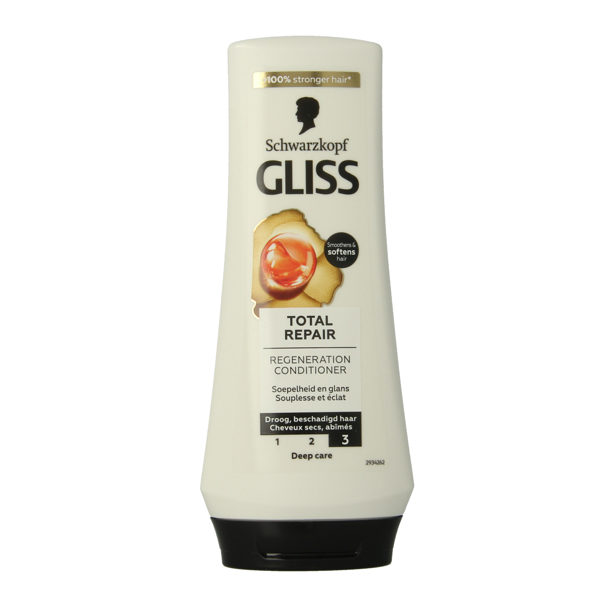 Bottle of Gliss Kur Total Repair conditioner for hair care, 200ml, with sleek packaging and brand logo visible.