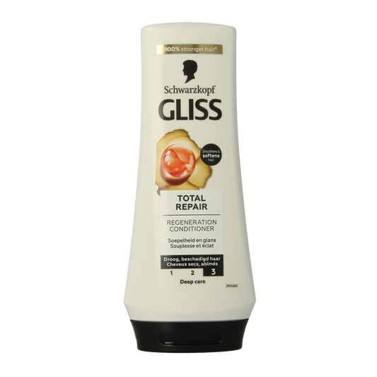Bottle of Gliss Kur Total Repair conditioner for hair care, 200ml, with sleek packaging and brand logo visible.