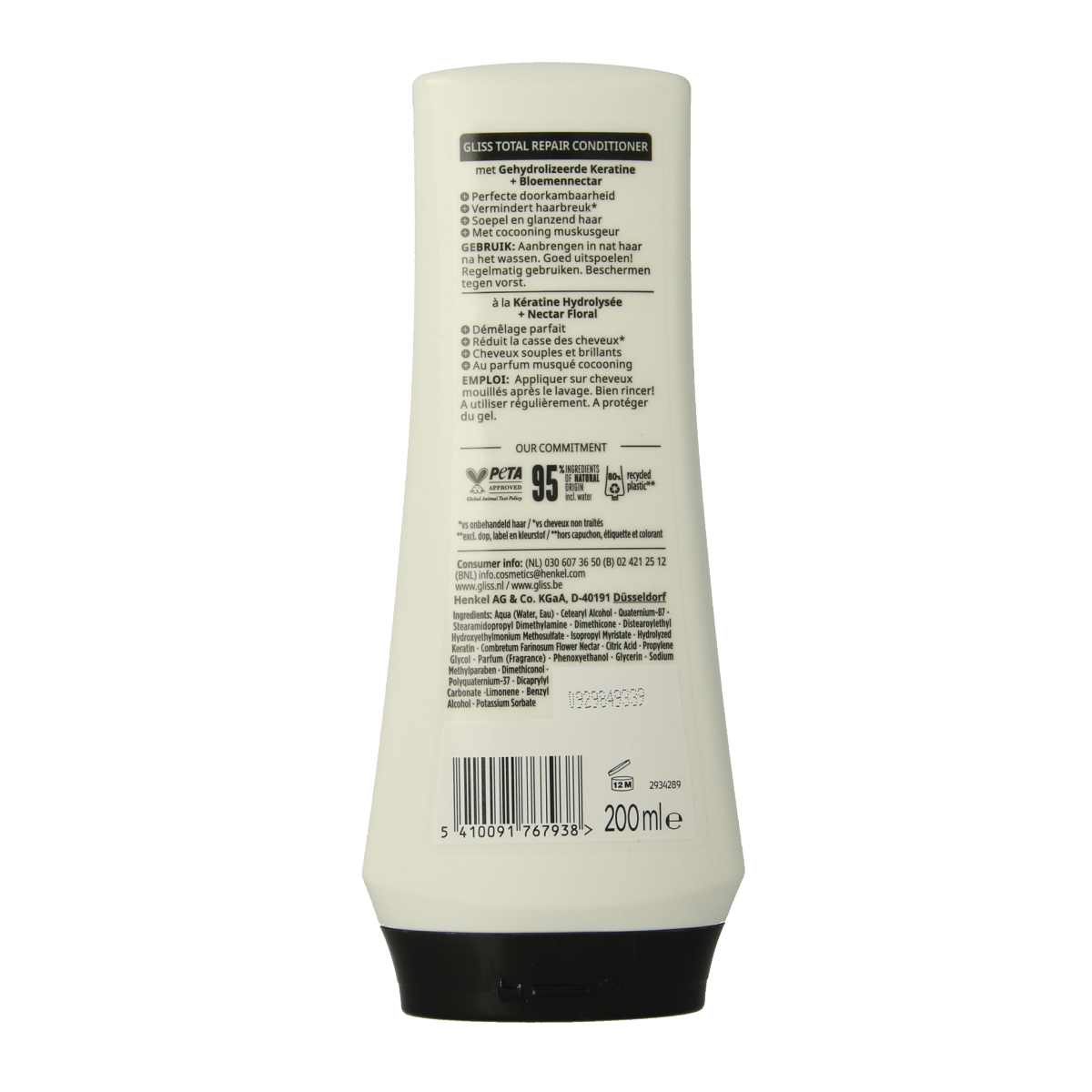 Gliss Kur Total Repair conditioner in 200ml bottle, hydrating hair care product for damaged hair, shown in the image.