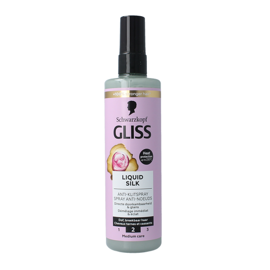Gliss Kur Anti-klit spray liquid silk gloss for hair styling, 200ml bottle with shiny, smooth hair finish