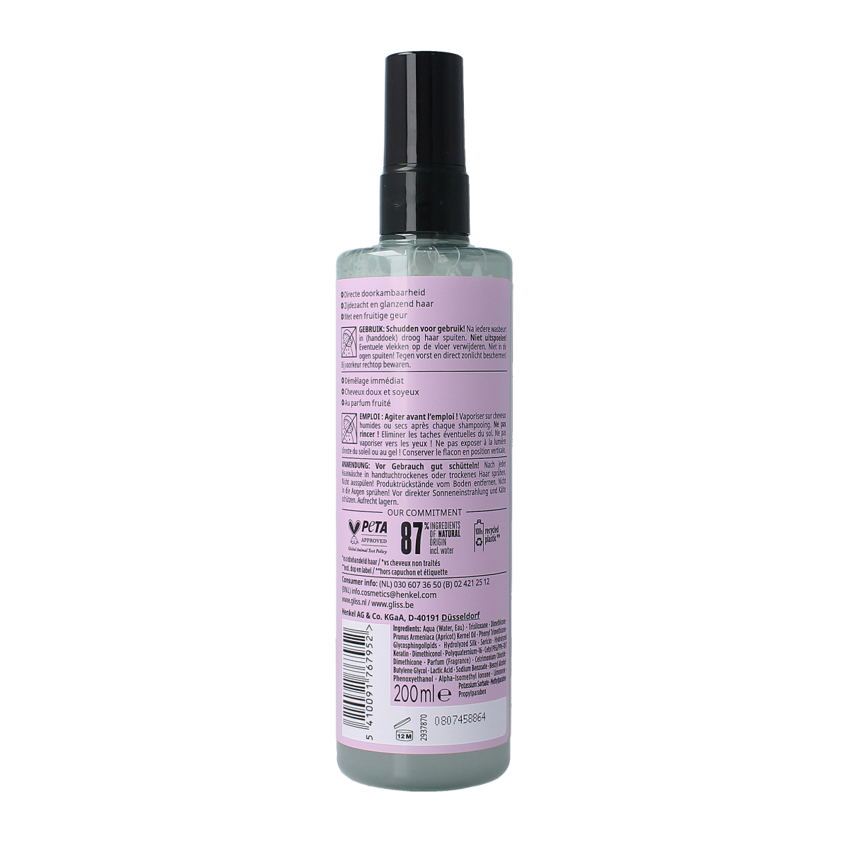 Gliss Kur Anti-klit liquid silk gloss spray for hair styling, 200ml, smooths and adds shine to hair.