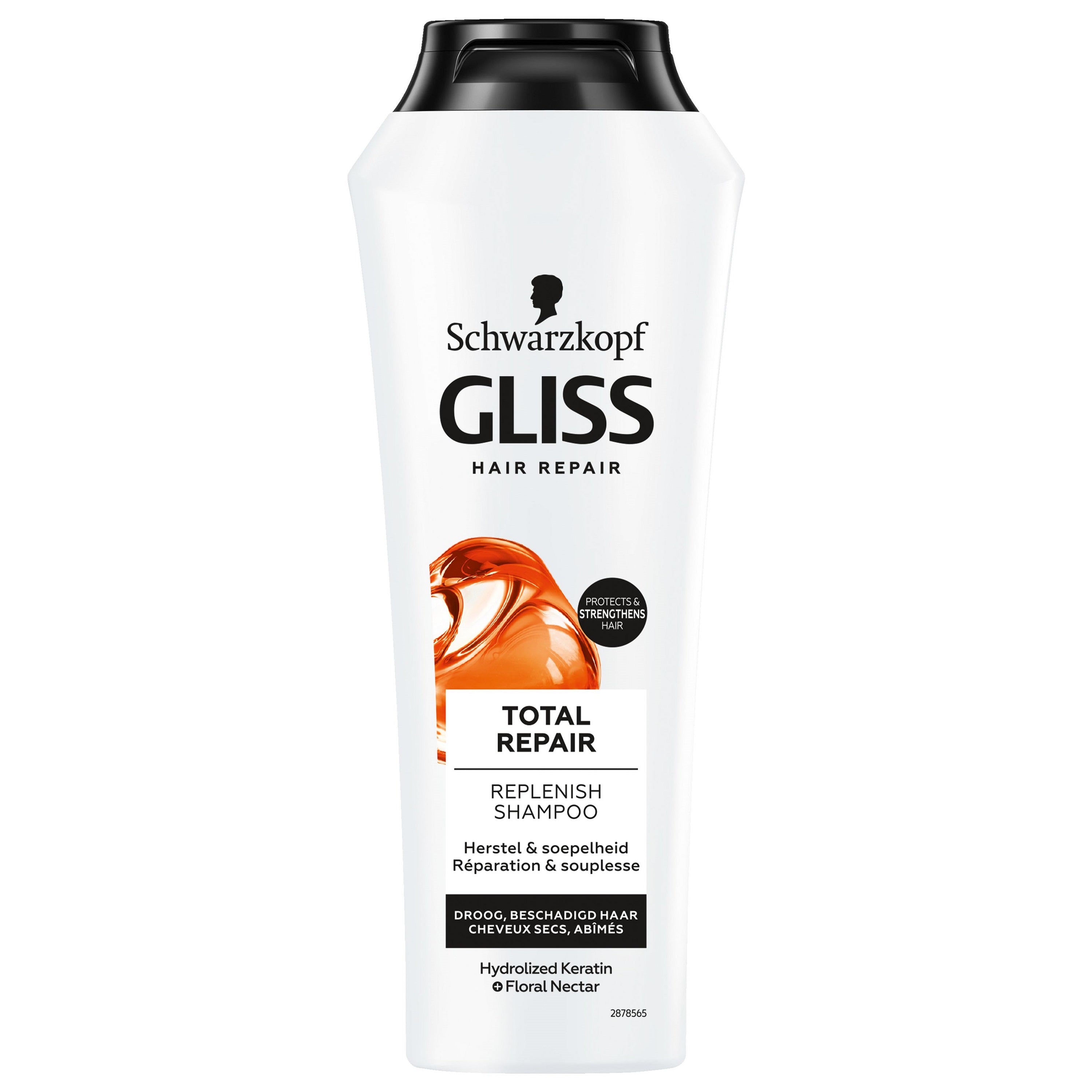 Gliss Kur total repair shampoo in a 250ml bottle, designed for hair care and damage repair.