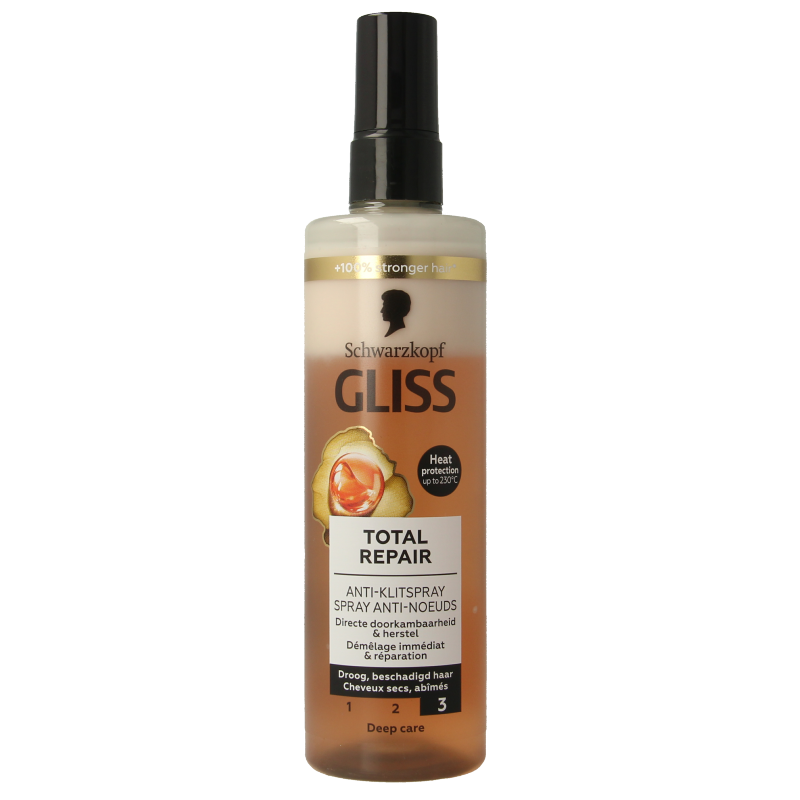 Gliss Kur Anti-klit spray for hair repair, 200ml, features in a sleek bottle, designed to reduce hair tangles and improve hair texture.