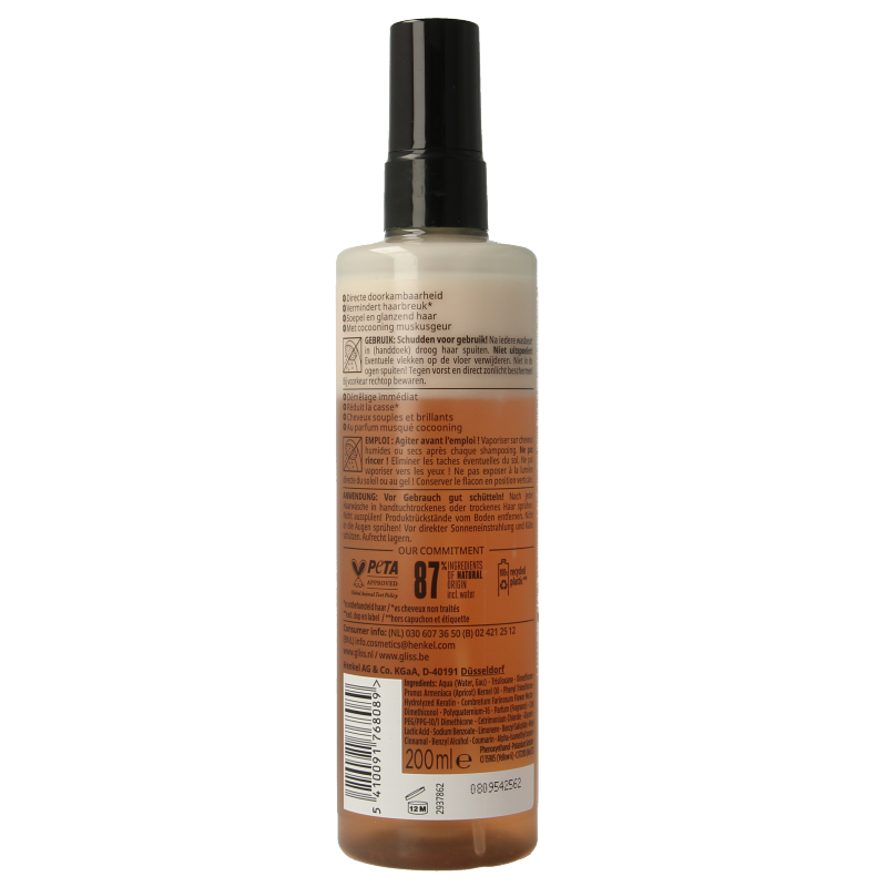 Gliss Kur Anti-klit spray for total repair, 200ml, with spray bottle and hair care product design.