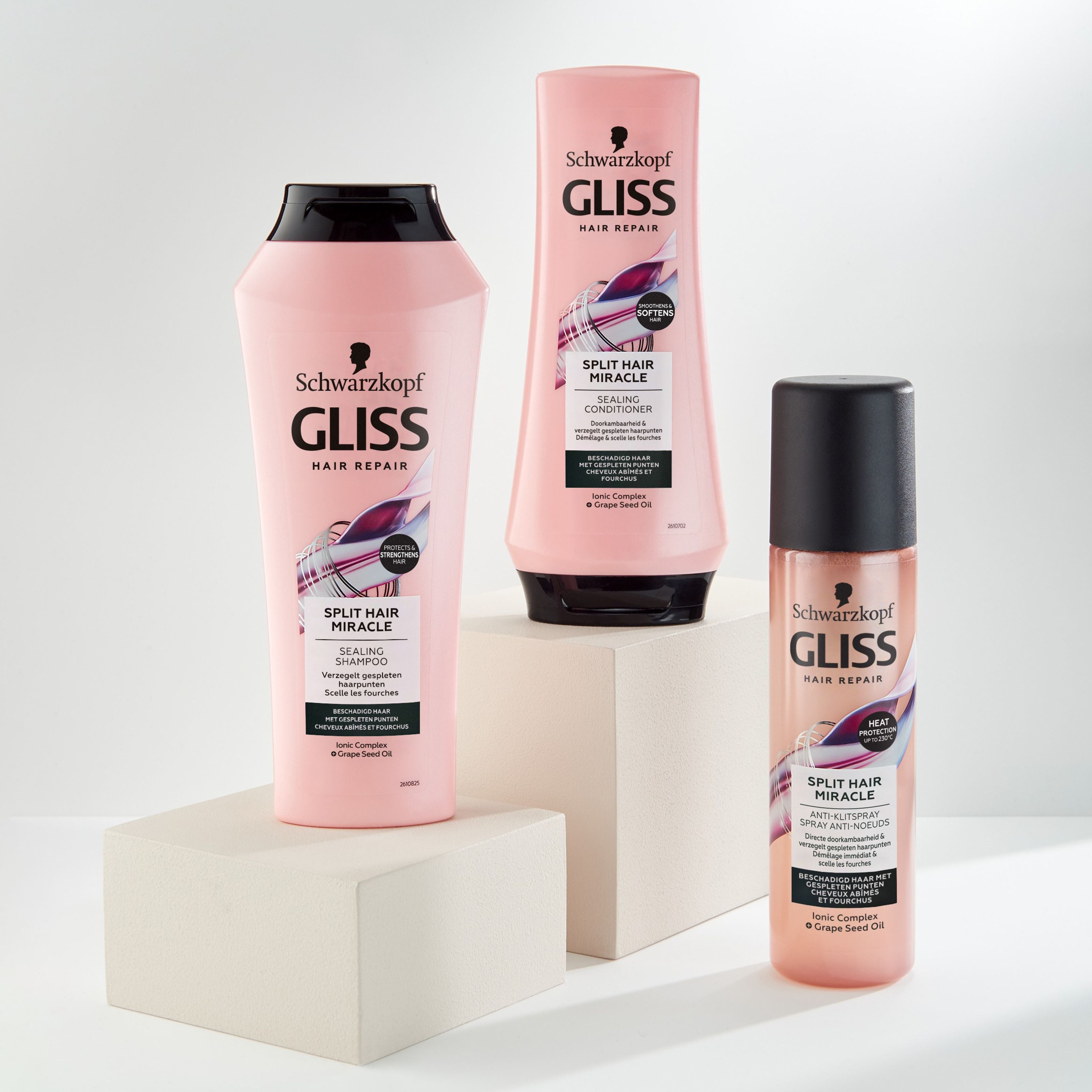 Gliss Kur split end miracle conditioner 250ml bottle showing smooth hair and product label in a haircare setting.