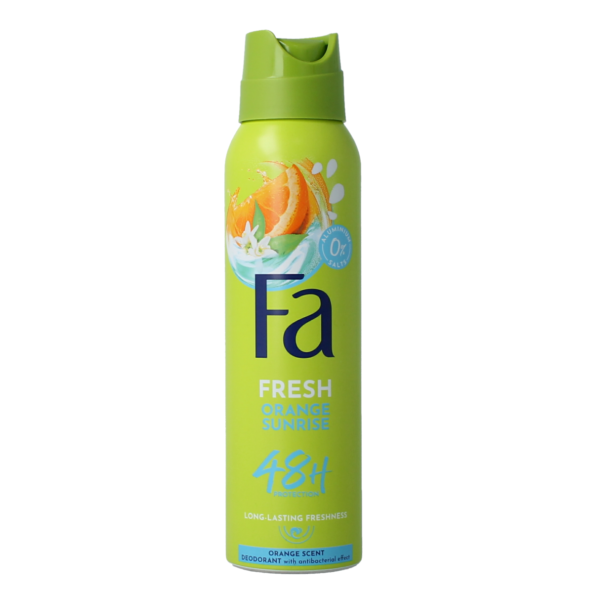 FA Deodorant Spray Orange Sunrise 150ml, fresh citrus scent, aerosol bottle with orange and white design.