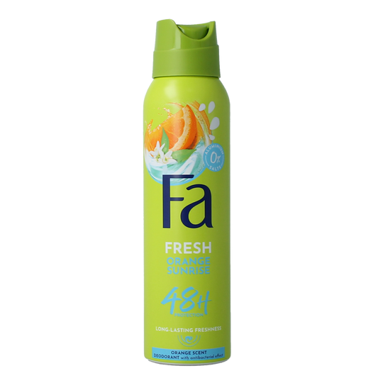FA Deodorant Spray Orange Sunrise 150ml, fresh citrus scent, aerosol bottle with orange and white design.