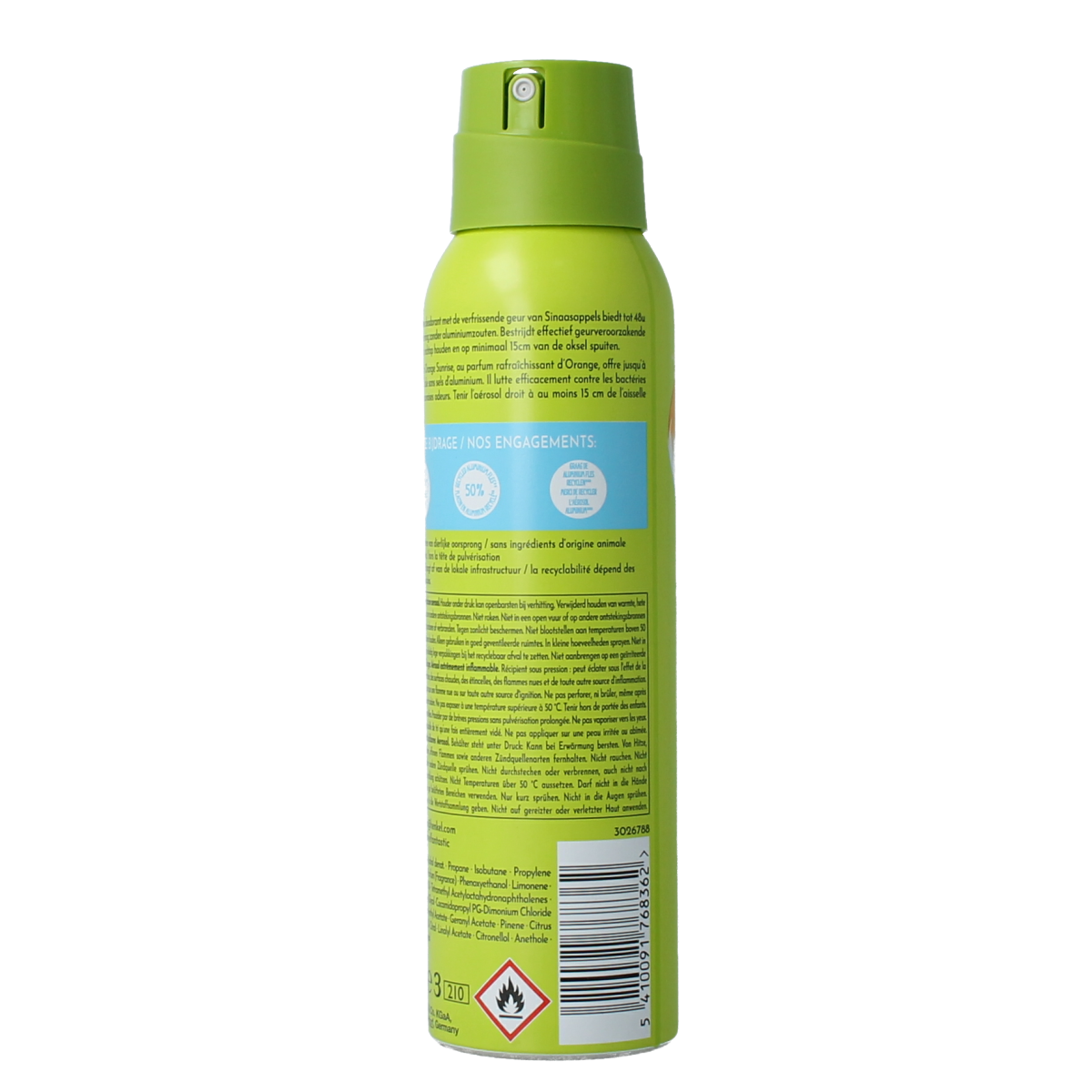 FA Deodorant spray in Orange Sunrise scent, 150ml bottle, with bright orange design and spray nozzle visible.