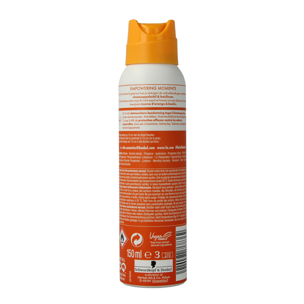 FA Orange Sunrise deodorant spray in 150ml bottle with bright orange design and spray nozzle.