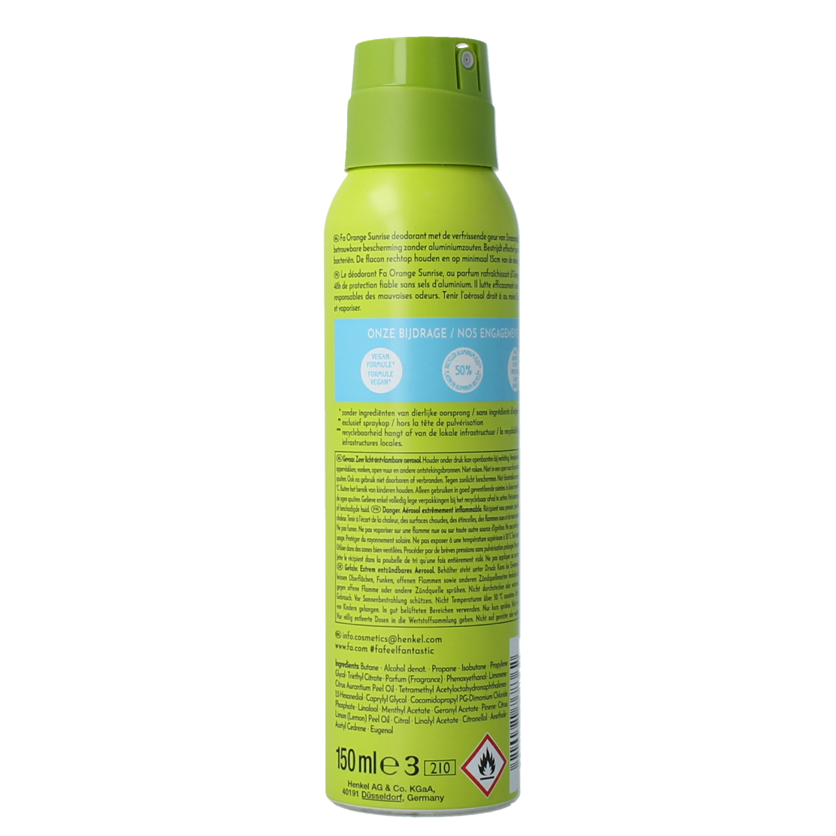 FA Deodorant spray in orange sunrise scent, 150ml bottle with a sleek design, designed to keep you fresh throughout the day.