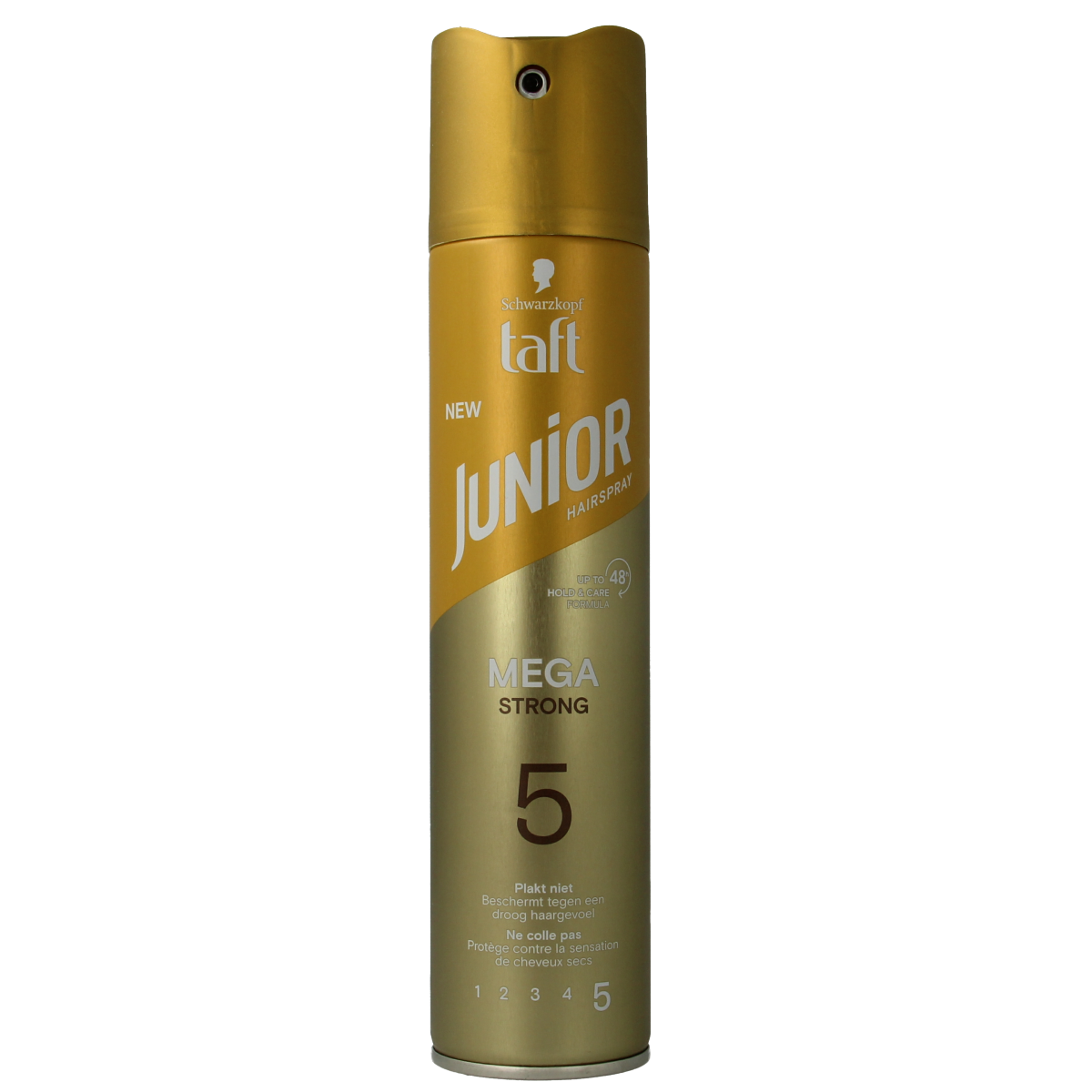 Junior hairspray mega strong 250ml bottle, hair styling product with a spray nozzle, designed for powerful hold and styling.