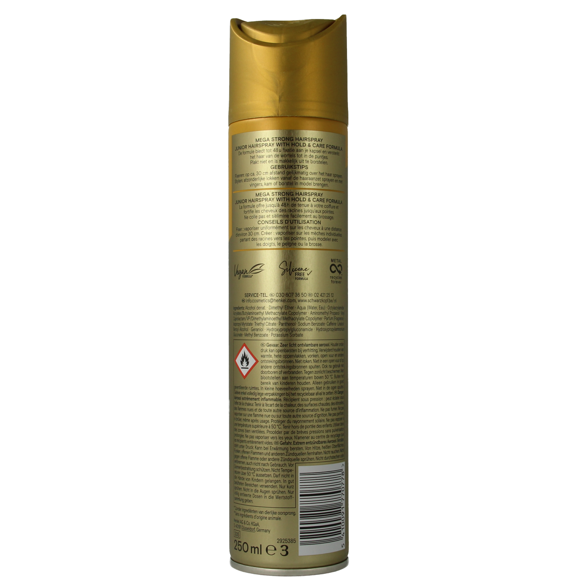 Junior Mega Strong Hairspray 250ml bottle for firm hold and styling control in a professional hair styling product.
