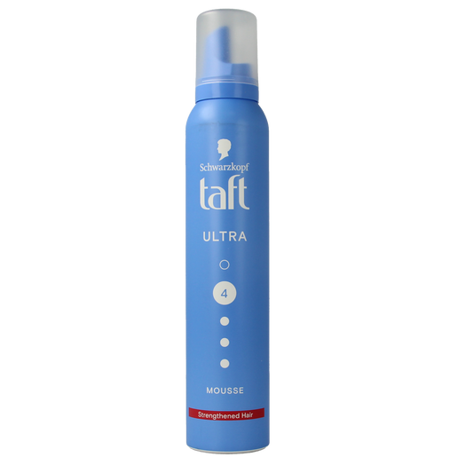 Taft Ultra Strong Mousse for hair styling, 200ml bottle with pump dispenser, provides strong hold and volume.