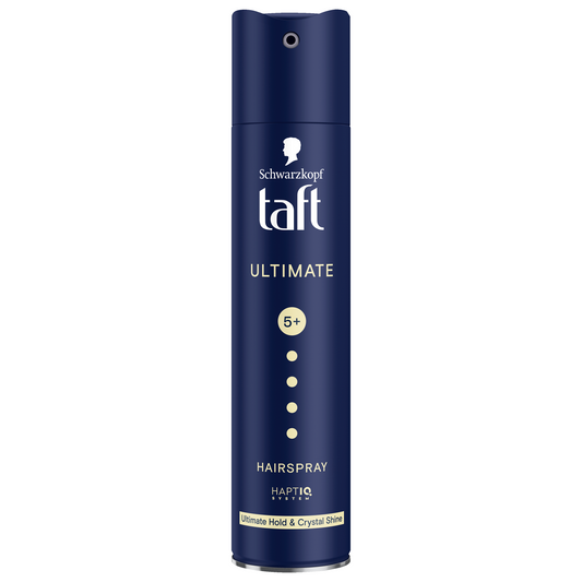 Taft Hairspray Ultimate 250ml bottle, hair styling spray with fast-drying formula, in a sleek silver and blue can.