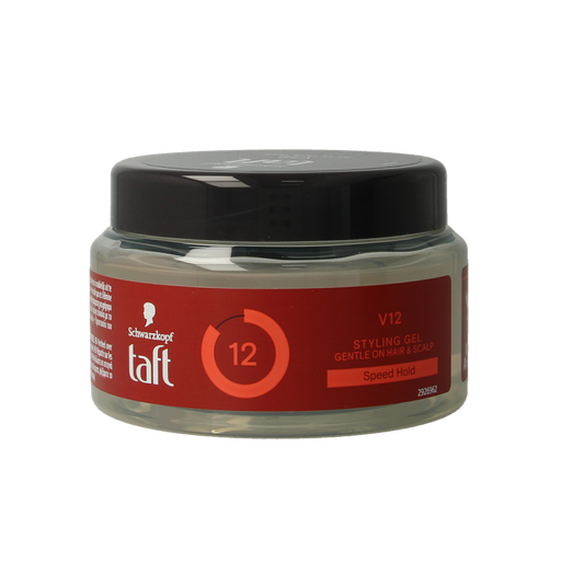 Taft Maxx Power Gel pot, 250ml, hair styling gel in a transparent container with a black lid, designed for strong hold.