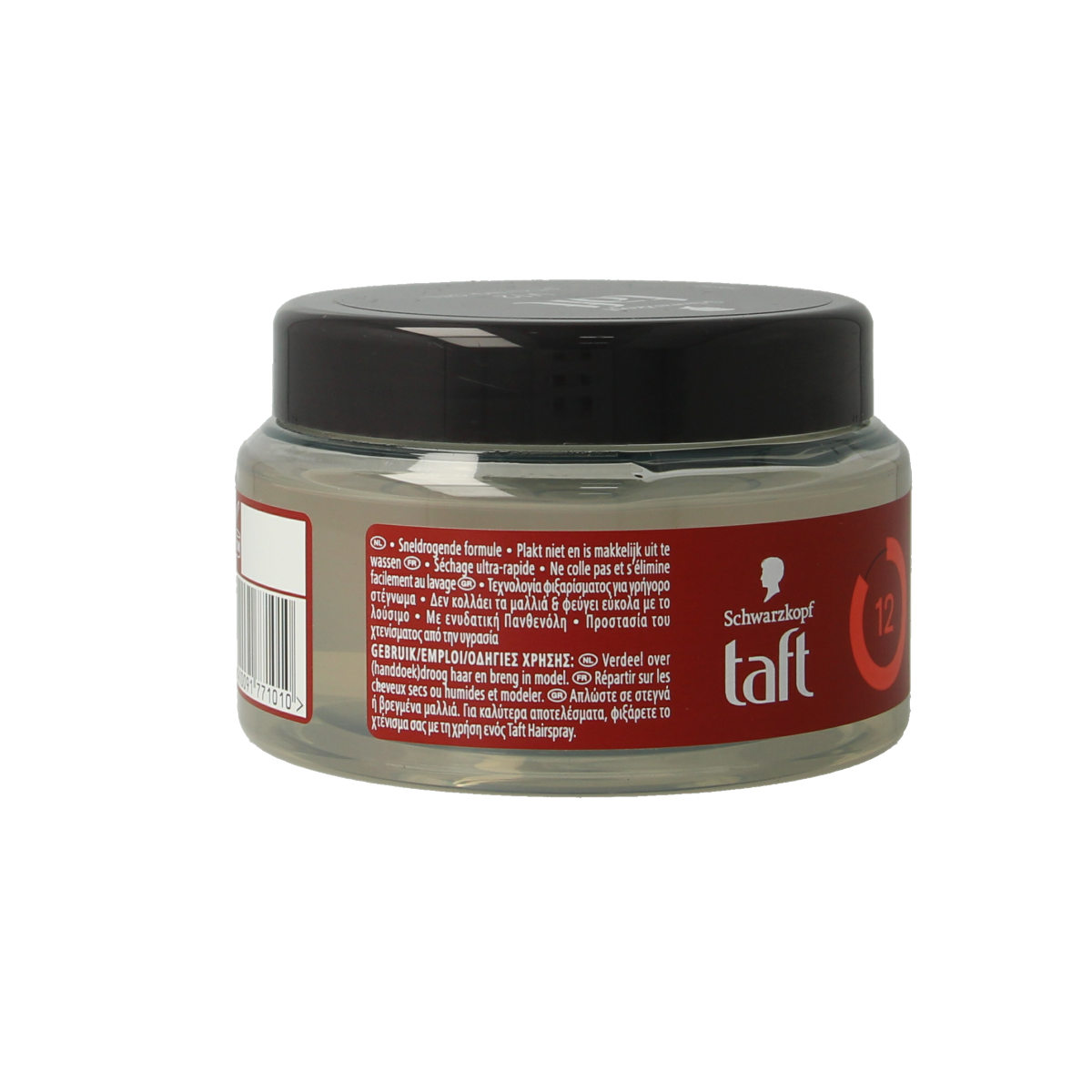 Taft Maxx Power Gel pot, 250ml, styling gel for strong hold and hair control, in a clear plastic jar with a screw cap.