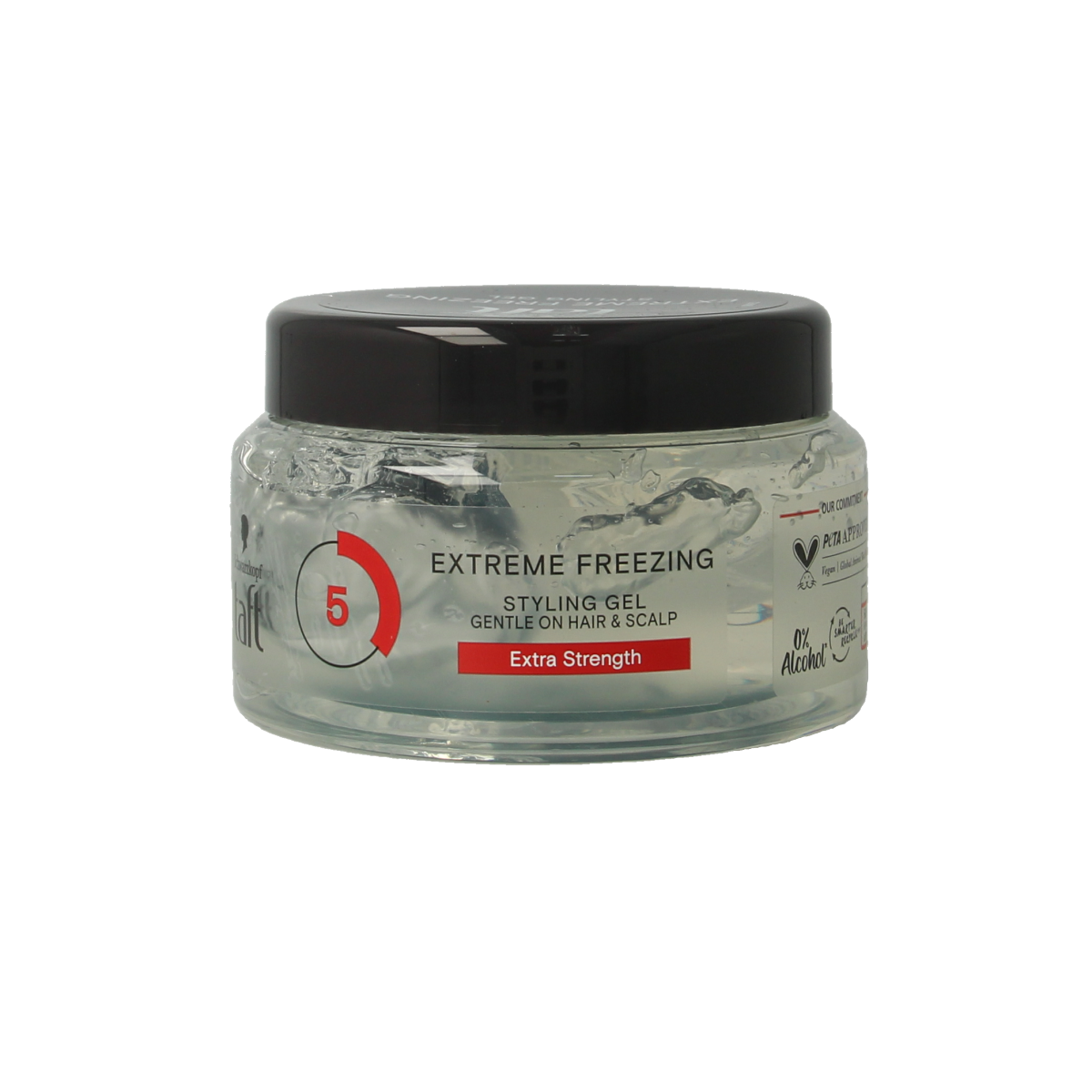 Taft Freezing Gel Extreme Pot 250ml, hair styling gel in a clear jar with blue lid, for strong hold and styling.