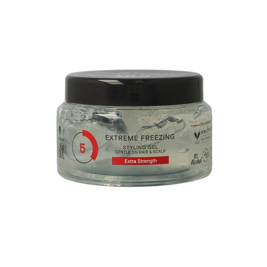 Taft Freezing Gel Extreme Pot 250ml, hair styling gel in a clear jar with blue lid, for strong hold and styling.