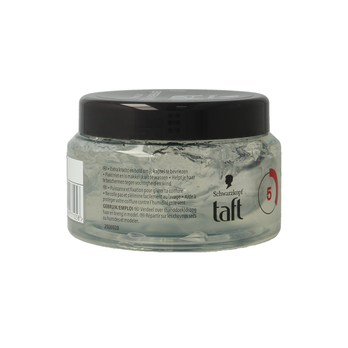 Taft Freezing Gel Extreme Pot for hair styling, 250ml, with the gel visible in a clear container on a white background.