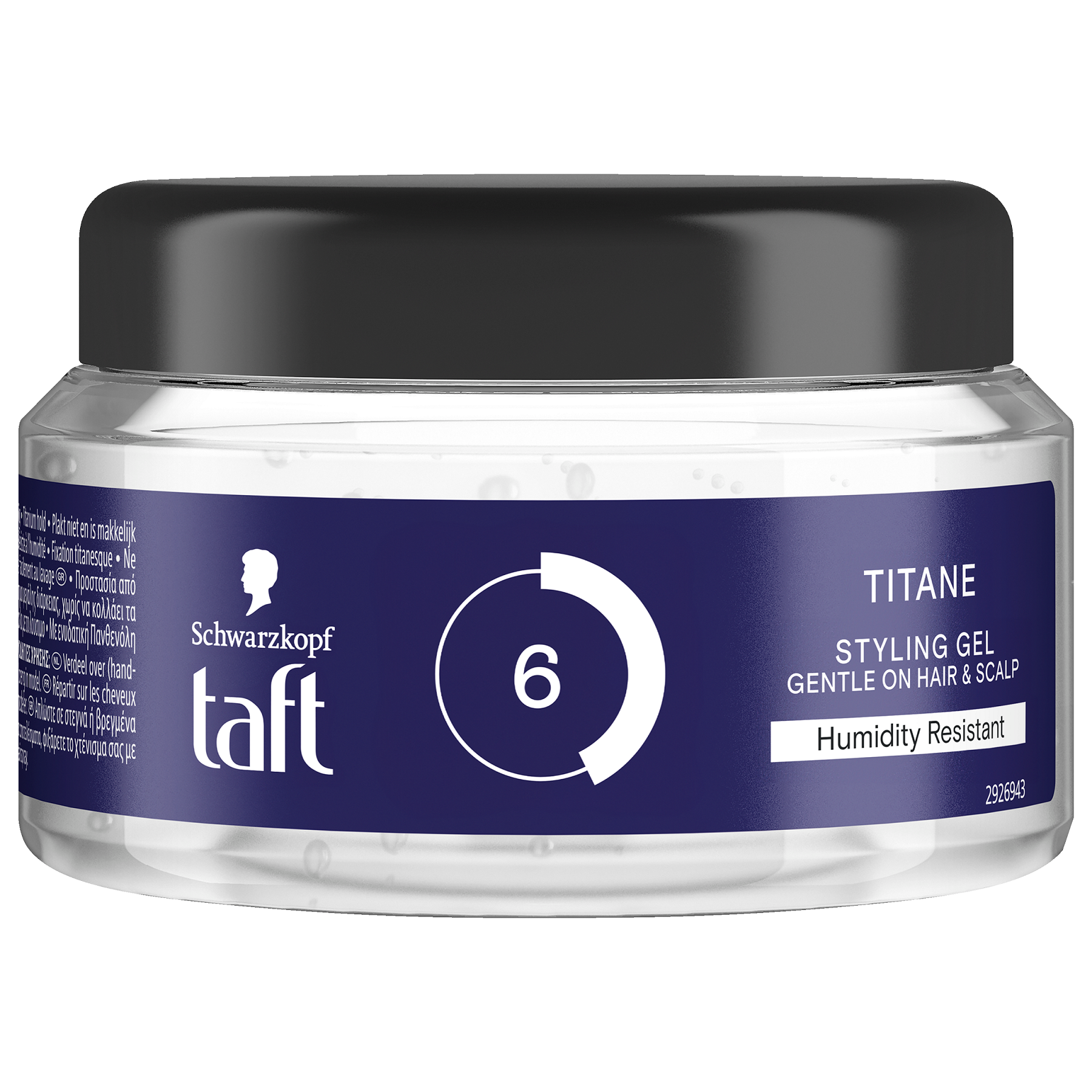Taft Power gel titane in a 250ml jar, a strong-hold hair styling gel with titanium for firm, long-lasting styling.