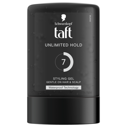 Taft Power Gel Unlimited Hold hair styling gel in 300ml bottle, showcasing the product with a clear label and packaging.