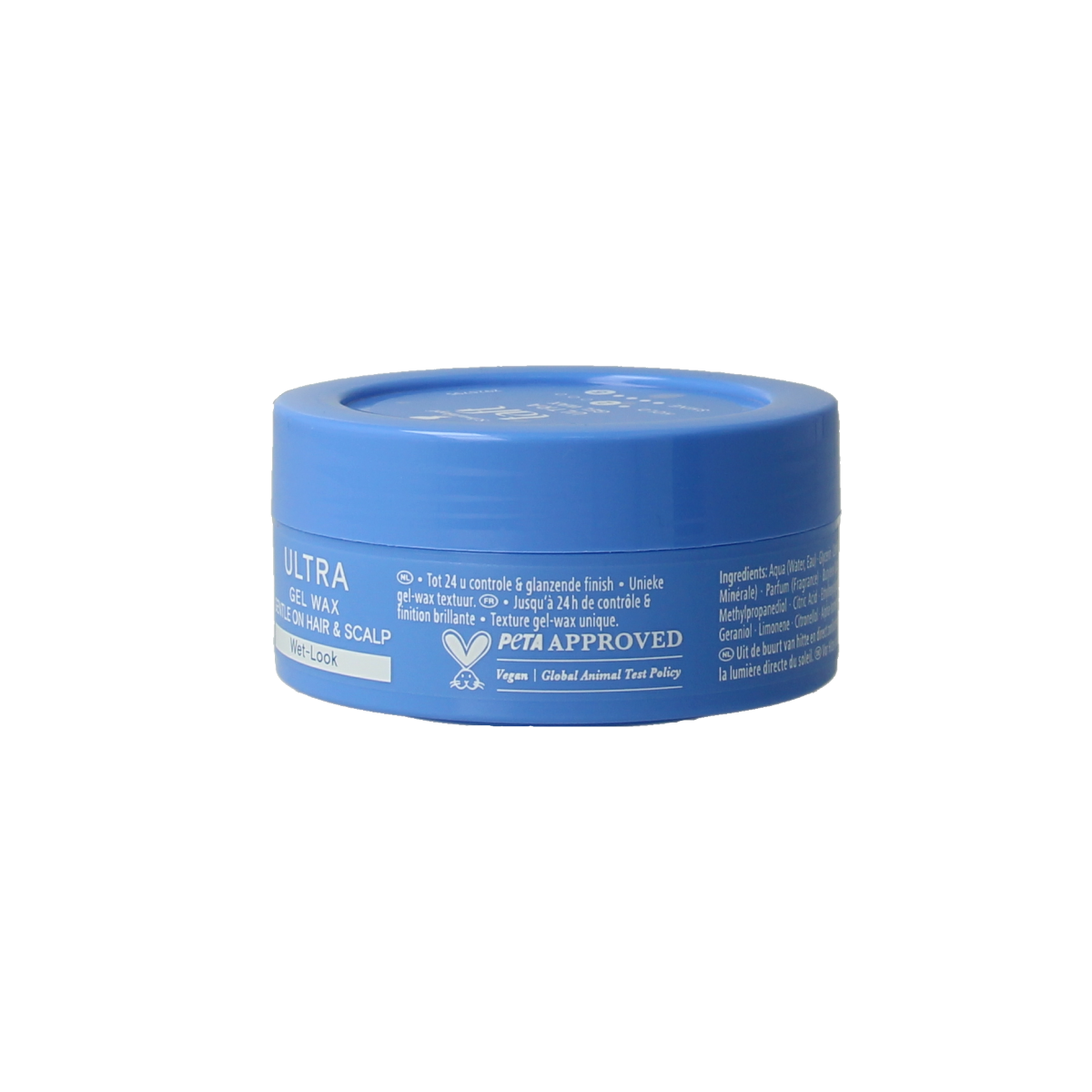 Taft Ultra Gel Wax structure for hair styling, 75ml jar with black lid and clear container showing the gel wax inside.