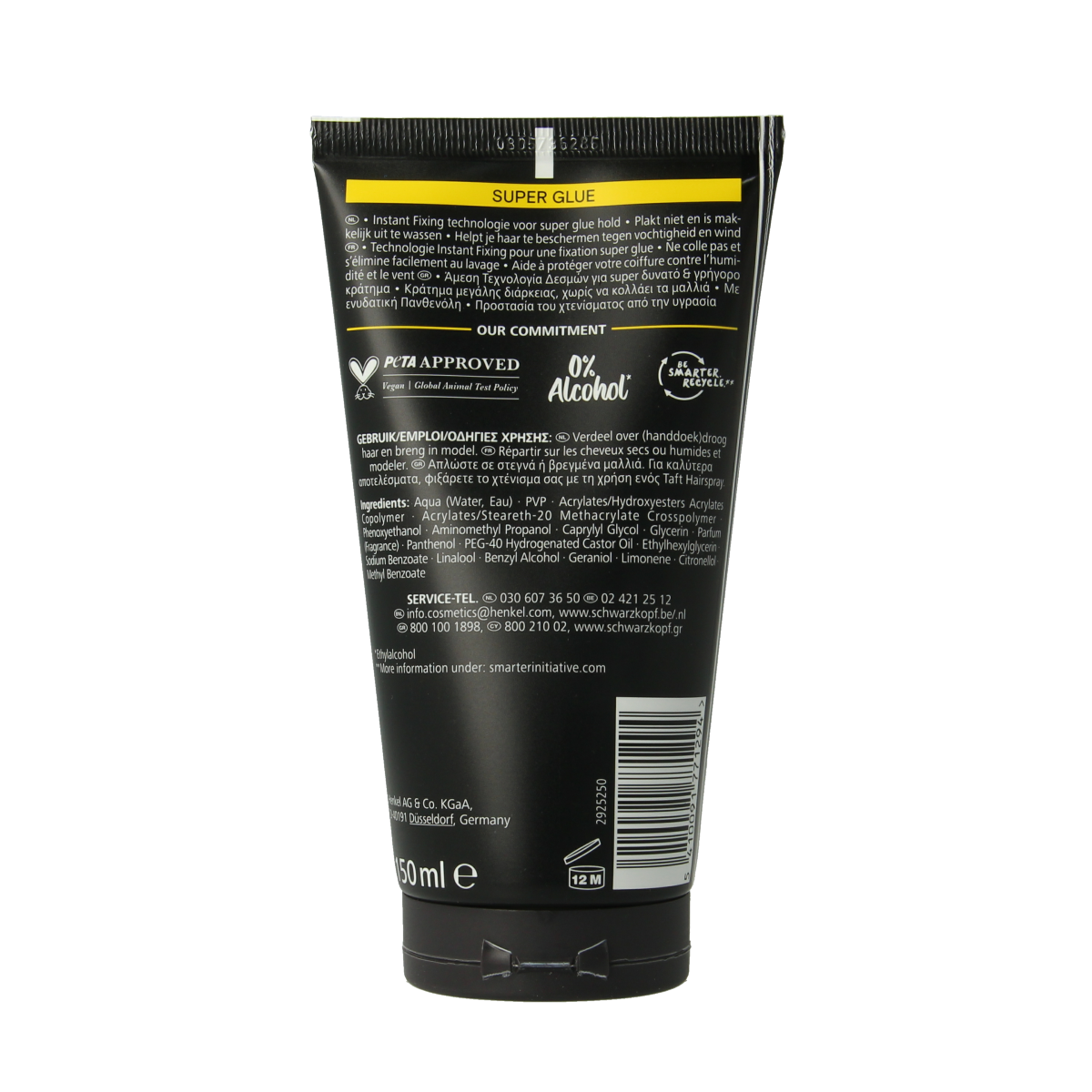 Taft Super Glue hair styling tube, 150ml, with black cap and label, suitable for strong hold and hair styling.