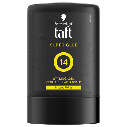 Taft Super Glue Tottle 300ml Haarstyling product bottle with clear label and cap, suitable for hair styling.