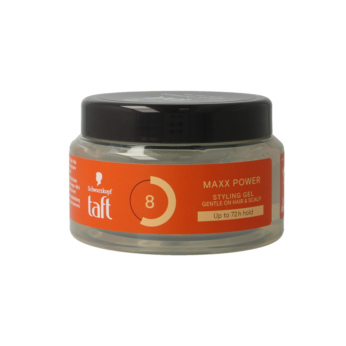 Taft Maxx Power Gel pot 250ml, a hair styling product with a clear container showing the gel inside and the brand label.