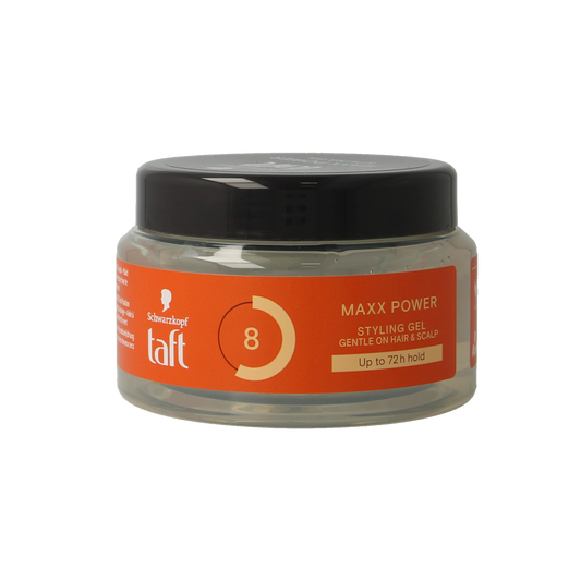 Taft Maxx Power Gel pot 250ml, a hair styling product with a clear container showing the gel inside and the brand label.