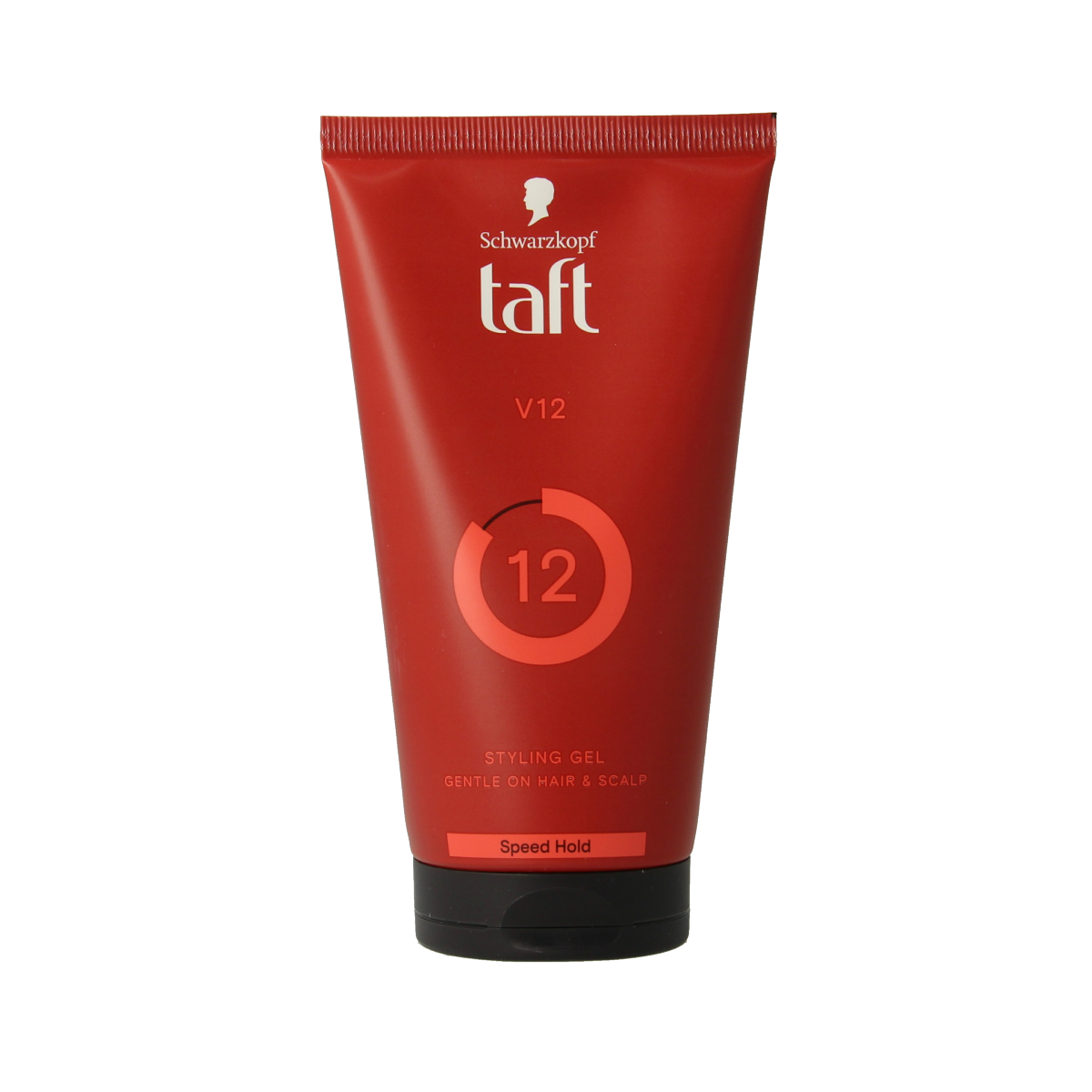 Taft V12 Power gel in a 150ml tube, a strong hold hair styling gel with vibrant packaging and a clear nozzle for easy application.