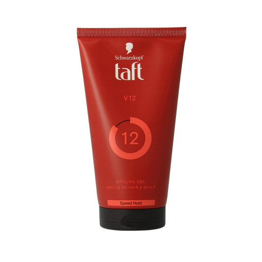 Taft V12 Power gel in a 150ml tube, a strong hold hair styling gel with vibrant packaging and a clear nozzle for easy application.