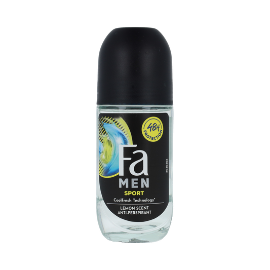 FA Deoroller Sport deodorant bottle, 50ml, with a sleek design and clear label, suitable for active wear and daily use.