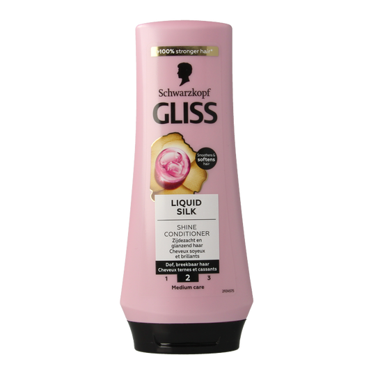 Gliss Kur liquid silk conditioner in a 200ml bottle, designed for hair care with smooth, silky results.