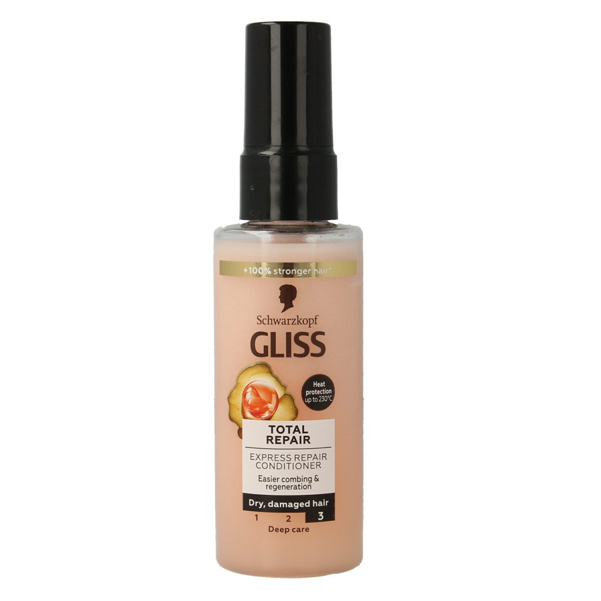 Gliss Kur Anti-klit spray total repair mini bottle, 70ml, for hair repair and smoothing, shown in the image.
