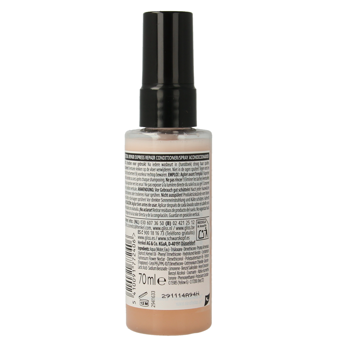 Gliss Kur Anti-klit spray total repair mini bottle, 70ml, for damaged hair, in a sleek plastic container with a spray nozzle.