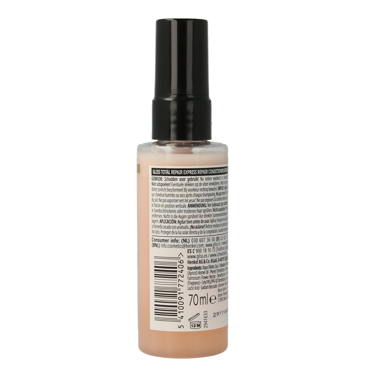 Gliss Kur Anti-klit spray total repair mini bottle, 70ml, for hair smoothing and detangling in Haarverzorging category
