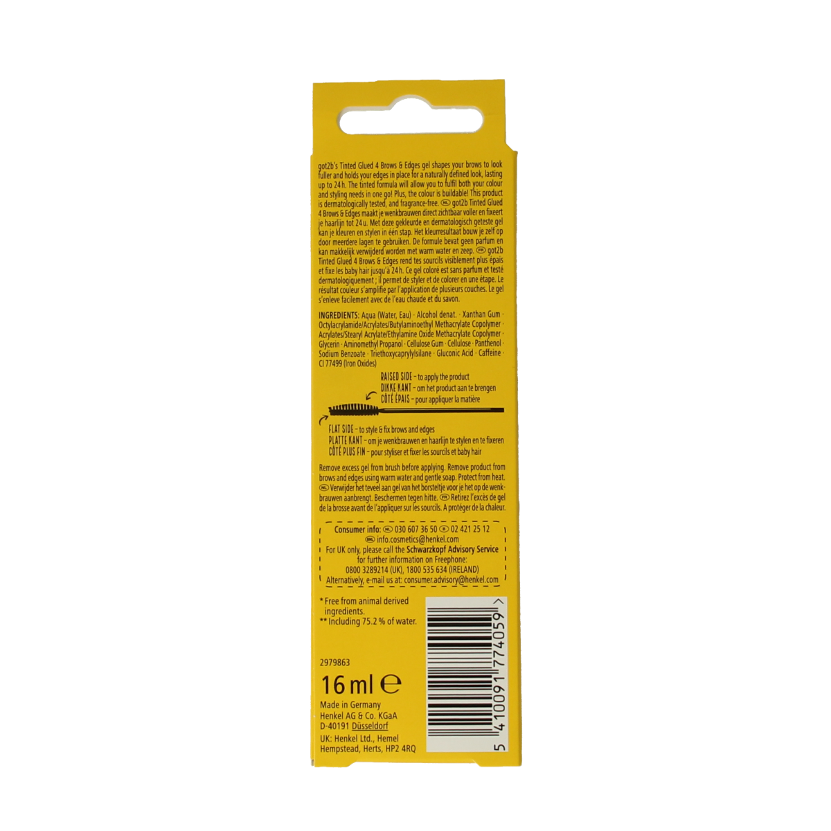 Got2b Glued 4 Brows black make-up product in a 16ml tube, designed for brow styling and shaping.