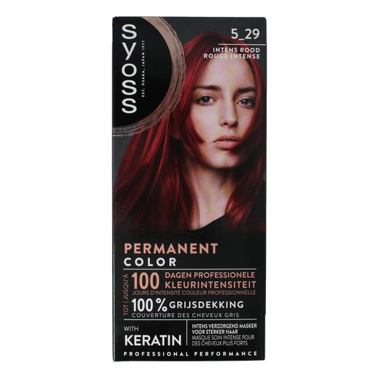 Syoss Permanent Hair Color 5-29 Intense Red in a set, showing the box and color swatch for vibrant red hair coloring.
