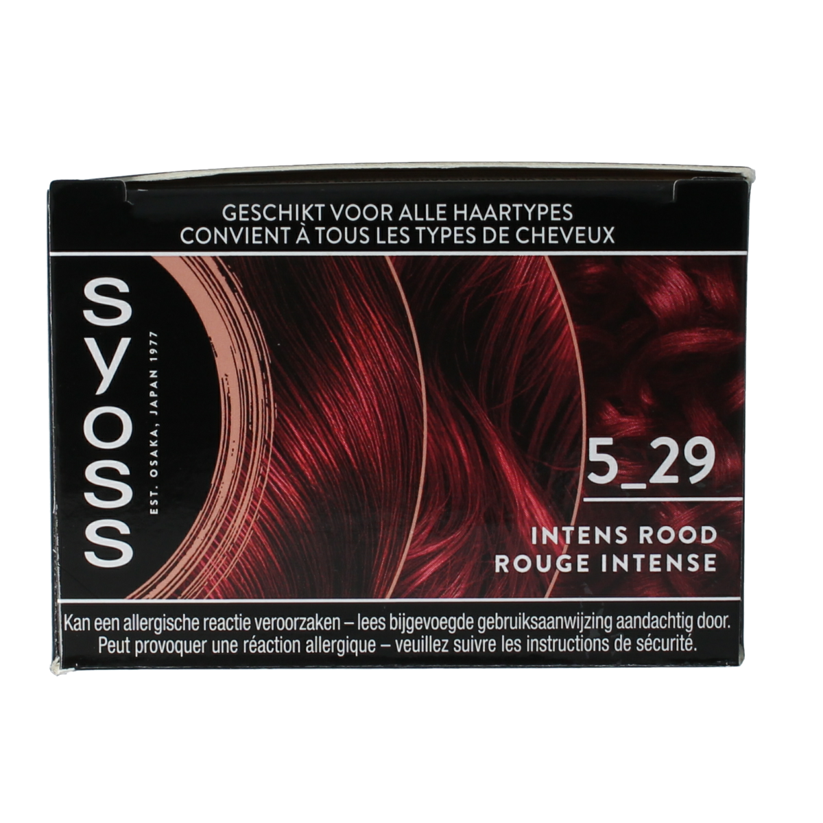 Syoss Permanent Color 5-29 Intense Red hair dye set showing the box and color sample for vibrant red hair.