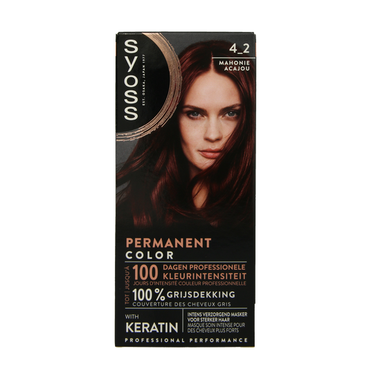 Syoss Color baseline 4-2 mahogany brown hair dye set showing the box and color shade for professional hair coloring.