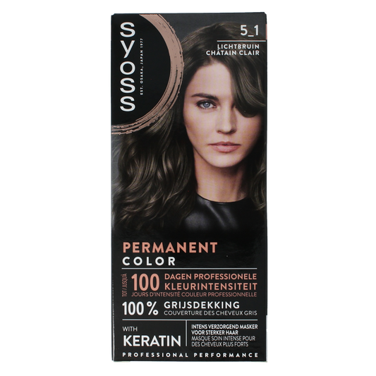 Syoss Color baseline 5-1 light brown hair coloring set, featuring a box and hair dye tubes for easy application.