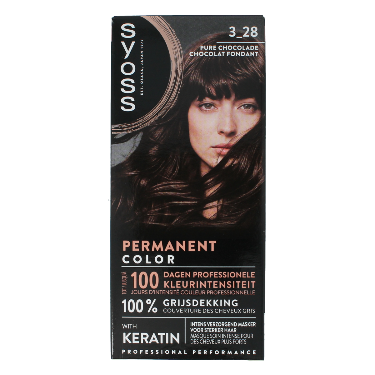 Syoss Color baseline 3-28 dark chocolate hair coloring set with box and applicator bottles for vibrant brown hair.