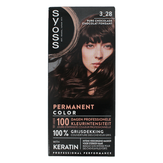 Syoss Color baseline 3-28 dark chocolate hair coloring set with box and applicator bottles for vibrant brown hair.